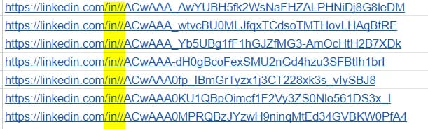 Liste de liens LinkedIn avec des identifiants uniques.