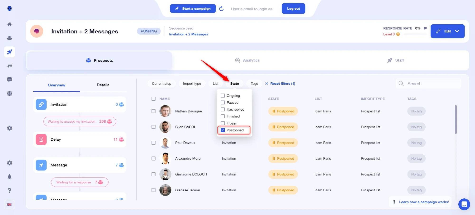 Page web d'envoi de messages avec des contacts en liste et filtre "Postales".