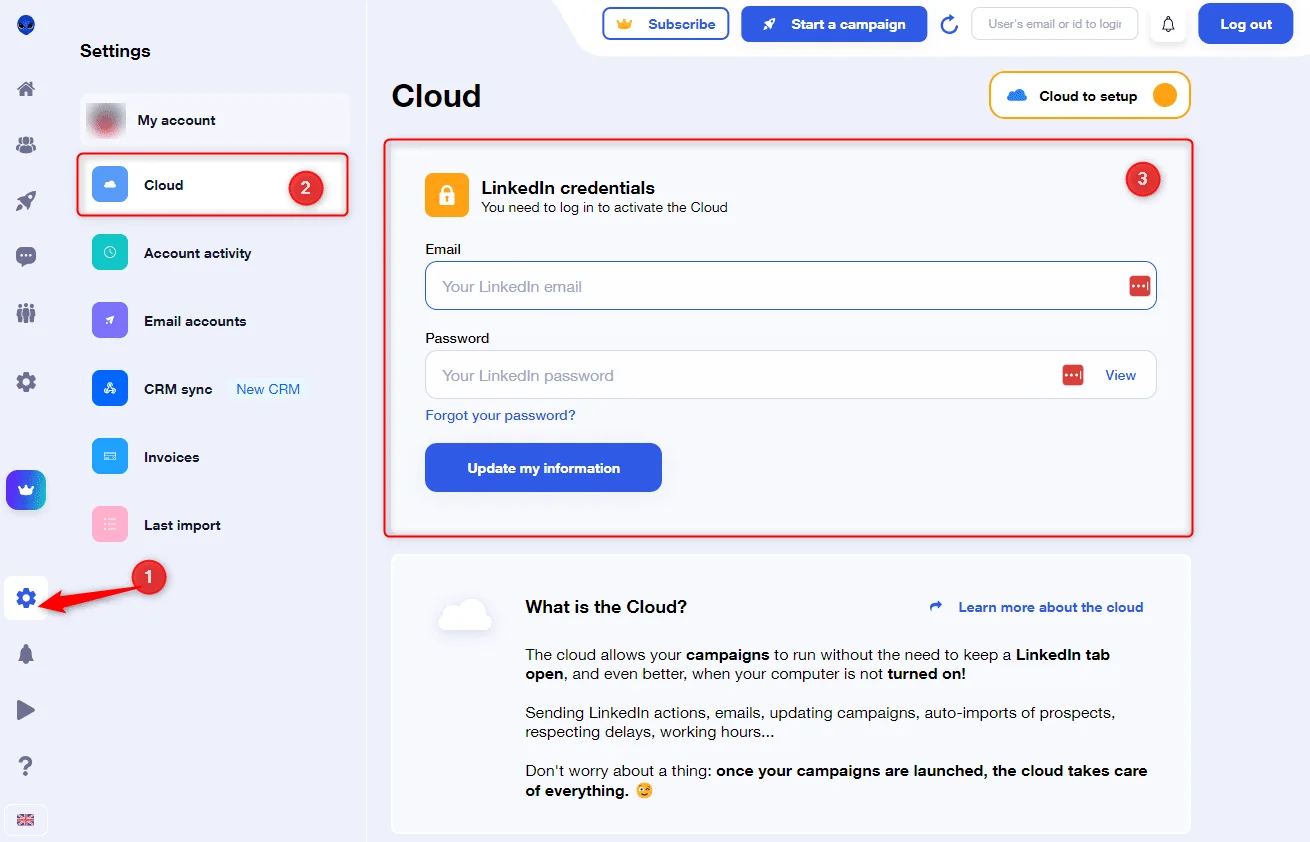 Page de paramètres Cloud avec formulaire d'authentification LinkedIn.