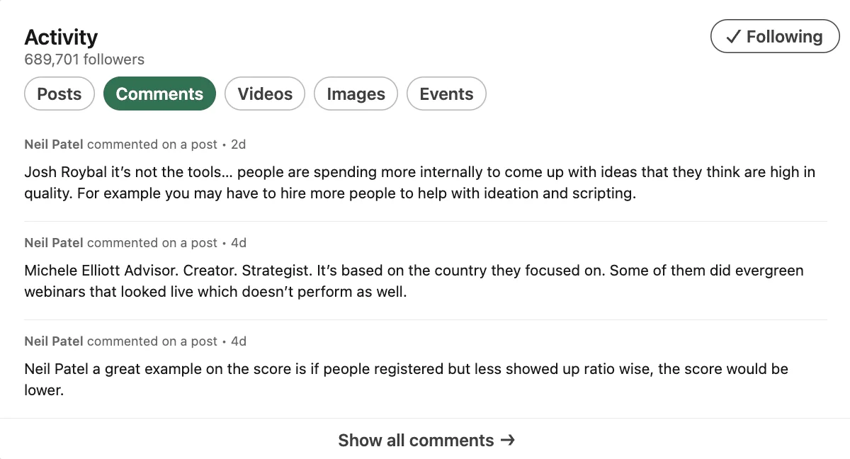 LinkedIn-inhoudstrategie en -commentaar.