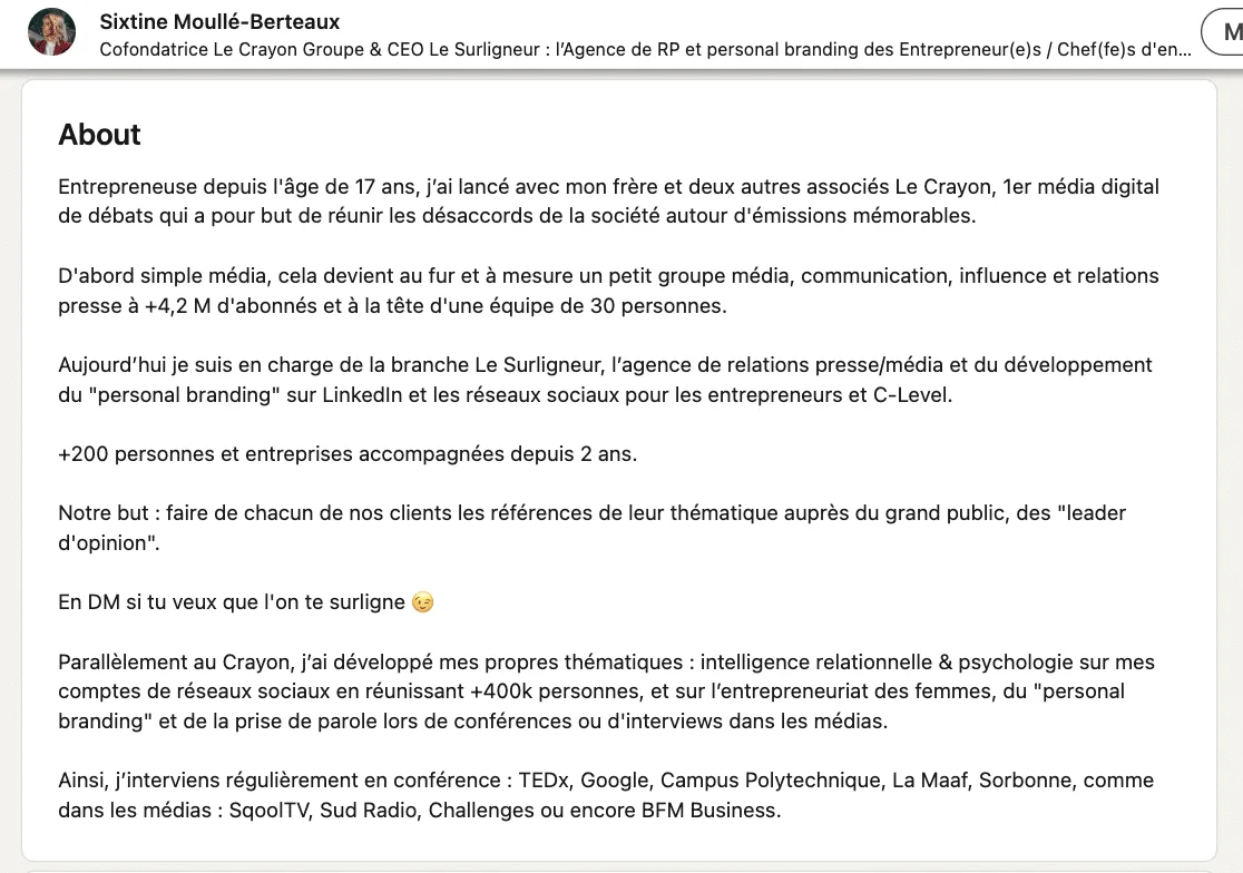 présentation LinkedIn - exemple de résumé